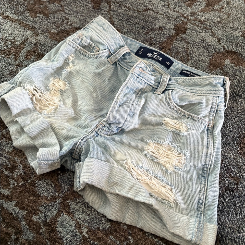 Hollister Light Blue Distressed Denim High-Rise Boyfriend Shorts